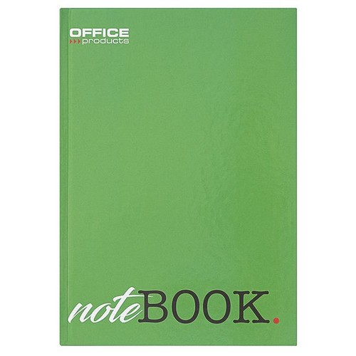 Pionowy, zielony notatnik z błyszczącą okładką. W lewym górnym rogu znajduje się logo "OFFICE products" w kolorach białym i czerwonym. Na dole okładki widnieje napis "noteBOOK", gdzie "note" jest białe i kursywą, a "BOOK" czarne.