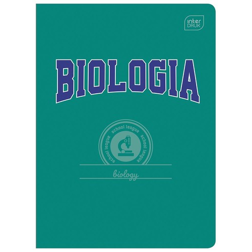 Turkusowa okładka zeszytu Interdruk do biologii. Na środku duży, niebieski napis "BIOLOGIA" z białą obwódką. Poniżej okrągły emblemat z napisem "school league" i ikoną mikroskopu. Na dole mniejszy napis "biology".