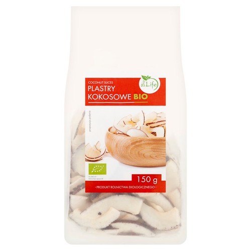 Opakowanie 150 g plastrów kokosowych BIO Life. Przezroczysta torebka z widocznymi białymi plastrami. Certyfikowany produkt ekologiczny.