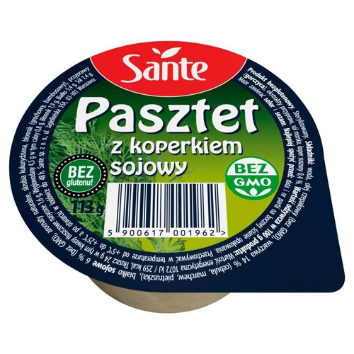 Opakowanie pasztetu sojowego Sante z koperkiem, 113g. Produkt bezglutenowy i bez GMO. Zielona etykieta z czerwonym logo.