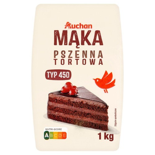 Opakowanie mąki pszennej tortowej Auchan, typ 450, waga 1 kg. Z grafiką tortu czekoladowego.