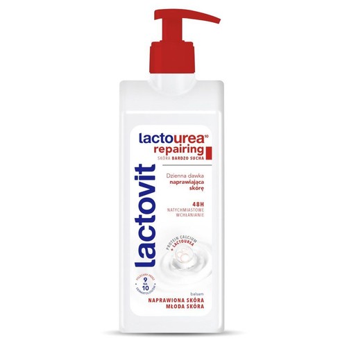 Biały balsam Lactovit Lactourea Repairing do bardzo suchej skóry, z czerwoną pompką.