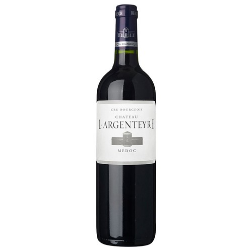 Wino Château Largenteyre Medoc w butelce z ciemnego szkła. Etykieta jest biała, z czarnym napisem "Château Largenteyre" i "Medoc". Na etykiecie znajduje się także grafika przedstawiająca zamek oraz oznaczenie "Cru Bourgeois".