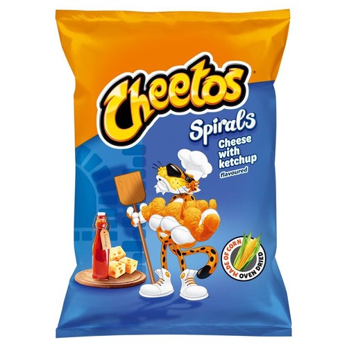 Cheetos Spirals o smaku sera i ketchupu. Na opakowaniu rysunek geparda, butelka ketchupu, kostki sera i kolby kukurydzy.