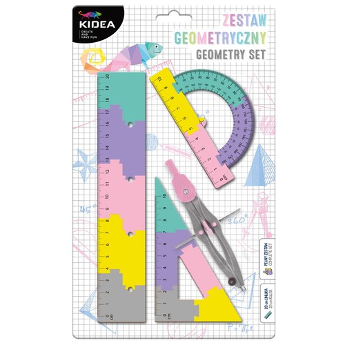 Zestaw geometryczny Kidea w blistrze. Zawiera linijkę 20 cm, kątomierz, ekierkę i cyrkiel w pastelowych kolorach.