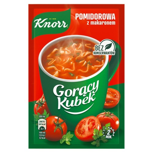 Saszetka Knorr Pomidorowa z makaronem, z serii Gorący Kubek. Przedstawia zielony kubek z parującą zupą, otoczony świeżymi pomidorami i ziołami. Informacja o braku konserwantów i czasie przygotowania 2 minuty. Idealne na szybki posiłek.