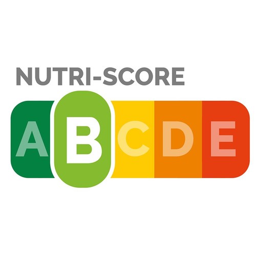 Grafika Nutri-Score wskazująca ocenę B. Skala kolorystyczna od ciemnozielonego A do czerwonego E.