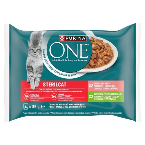 Turkusowe opakowanie karmy Purina One Sterilcat dla kotów, 4x85g. Widoczny kot i miska z jedzeniem.