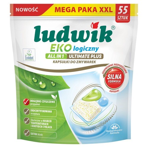 Opakowanie Ludwik EKO logiczny, 55 kapsułek do zmywarek. Ekocertyfikowana formuła, skuteczna w niskich temperaturach.