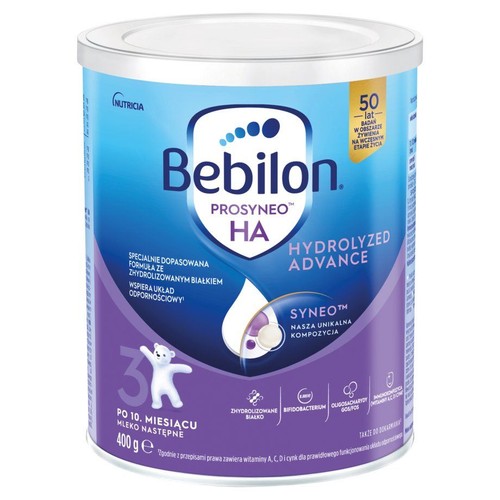 Mleko następne Bebilon PROSYNEO HA Hydrolyzed Advance dla niemowląt po 10. miesiącu. Z formułą zhydrolizowanego białka. 400 g.