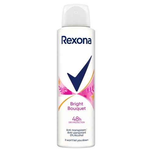 Antyperspirant Rexona Bright Bouquet w białym sprayu, 0% alkoholu. Z niebieskim logo i różowo-pomarańczowym wzorem.