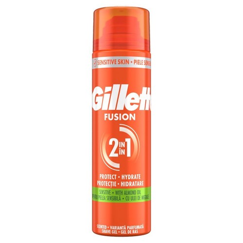 Żel do golenia Gillette Fusion 2w1 w pomarańczowej butelce. Chroni i nawilża skórę wrażliwą. Zawiera olejek migdałowy.