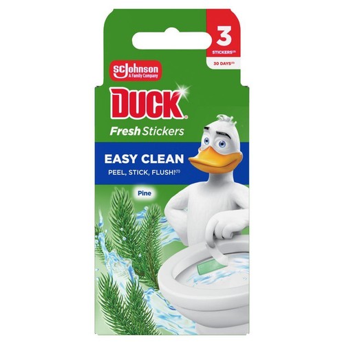 Duck Fresh Stickers Easy Clean, 3 naklejki do toalety o zapachu sosnowym. Opakowanie z kaczką i grafiką toalety.