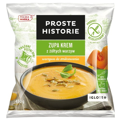 Opakowanie zupy krem z żółtych warzyw Proste Historie, 450g. Produkt bezglutenowy, z prażonymi pestkami dyni w saszetce.