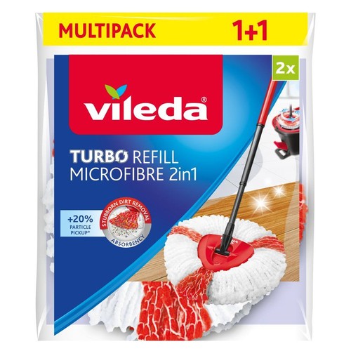 Zestaw wielopakowy Vileda Turbo Wkład Mikrofibra 2w1, 2 sztuki. Opakowanie z grafiką mopa czyszczącego podłogę.