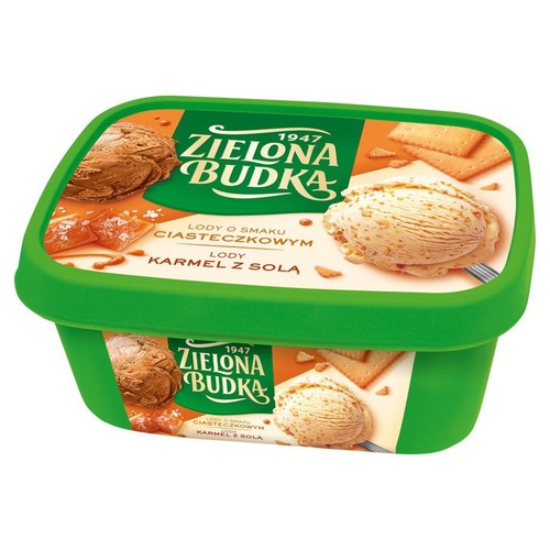 Zielony pojemnik lodów Zielona Budka. Smaki: ciasteczkowy i karmel z solą. Na wieczku grafika gałek lodów.