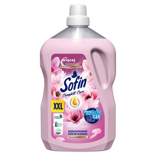 Płyn do płukania Sofin Complete Care Floral Passion w różowej butelce XXL. Zapewnia więcej świeżości i długotrwały zapach. Na 100 prań.
