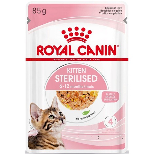 Saszetka Royal Canin 85g, karma dla sterylizowanych kociąt w wieku 6-12 miesięcy. Kawałki w galaretce, bez konserwantów.