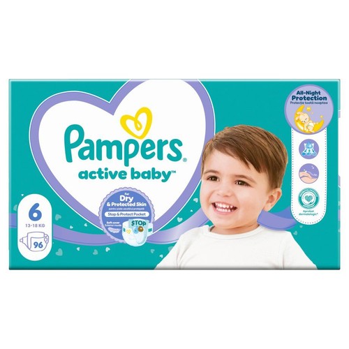 Opakowanie pieluch Pampers Active Baby, rozmiar 6 (13-18 kg), 96 sztuk. Na turkusowym tle uśmiechnięte dziecko i serce.