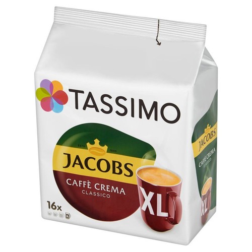 Produkt Tassimo Jacobs Caffè Crema Classico, 16 sztuk. Opakowanie jest białe z dużą etykietą w kolorach zielonym, żółtym i bordowym. Etykieta przedstawia logo Jacobs, nazwę kawy "Caffè Crema Classico" i czerwony kubek z kawą oznaczony jako XL.