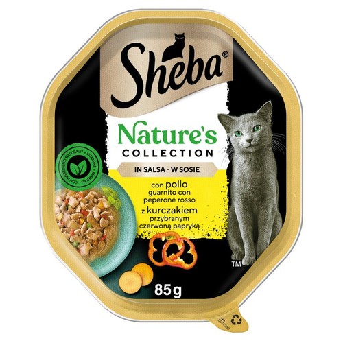 Złota tacka karmy Sheba Nature's Collection dla kota, 85g. Kurczak z czerwoną papryką w sosie. Na opakowaniu grafika kota i dania.
