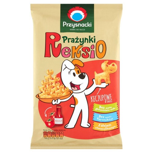 Beżowa paczka prażynek Przysnacki NeksiO Keczupowe. Piesek z kreskówki prezentuje chrupki w kształcie psa.