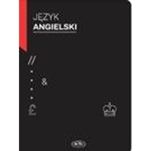 Czarna okładka książki "Język Angielski" z czerwoną zakładką po lewej stronie. Na okładce białe symbole: dwa ukośniki, dwukropek, ampersand, symbol funta szterlinga i stylizowana korona. Na dole małe, okrągłe logo.