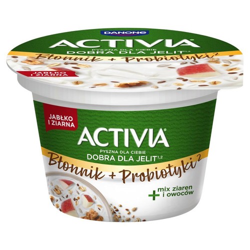 Danone Activia Jabłko i Ziarna, jogurt z błonnikiem i probiotykami. Biały kubek z zieloną etykietą.