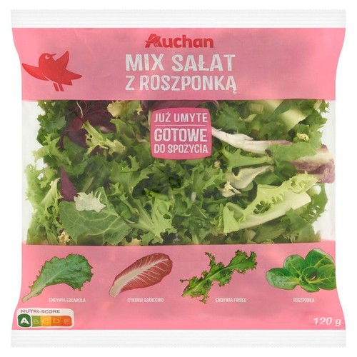 Auchan Mix Sałat z Roszponką, 120 g. Mieszanka umytych sałat: endywia escarola, cykoria radicchio, endywia frisee, roszponka. Gotowe do spożycia.