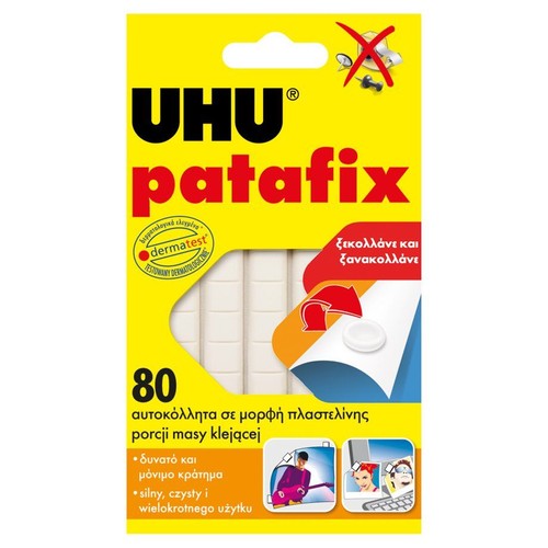 UHU patafix, 80 porcji masy klejącej w formie plasteliny. Produkt testowany dermatologicznie, silny, czysty i wielokrotnego użytku. Zapewnia mocne i trwałe trzymanie, można go odklejać i przyklejać ponownie, zastępując pinezki i taśmę.