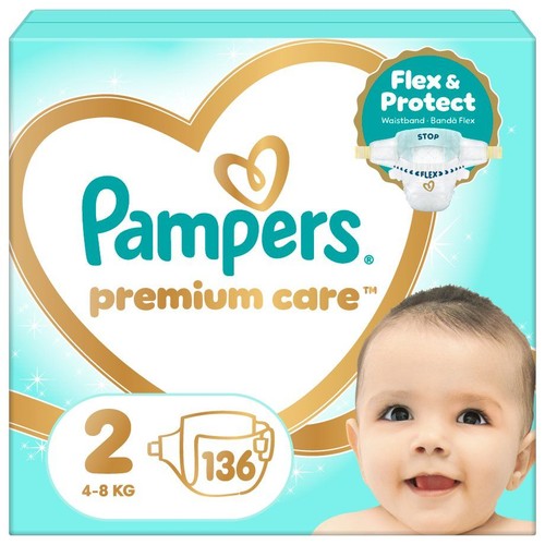 Opakowanie pieluch Pampers Premium Care, rozmiar 2 (4-8 kg), 136 sztuk. Biało-błękitna torba z uśmiechniętym dzieckiem.