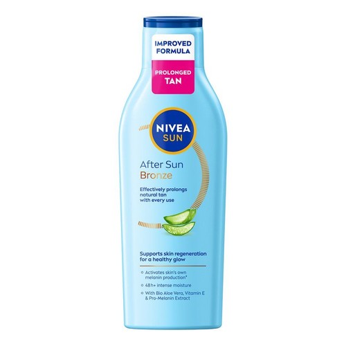 Opakowanie balsamu NIVEA SUN After Sun Bronze. Jasnoniebieska butelka z ciemnoniebieską zakrętką, z grafiką aloesu.