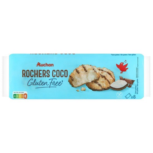 Opakowanie ciasteczek kokosowych Auchan Rochers Coco, bezglutenowe, 6 sztuk. Na niebieskim tle grafika dwóch ciasteczek.