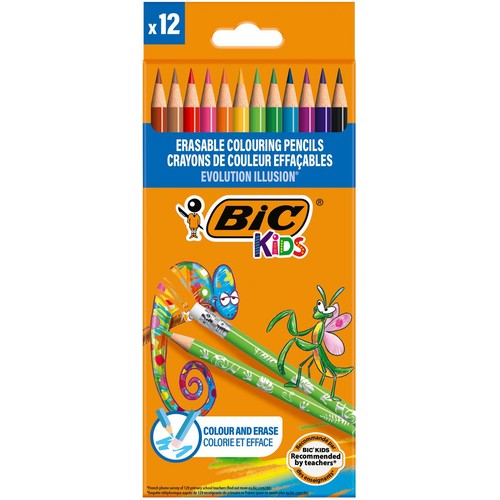 Opakowanie 12 ścieralnych kredek BIC Kids Evolution Illusion. Kredki w różnych kolorach, z grafiką kameleona i modliszki.