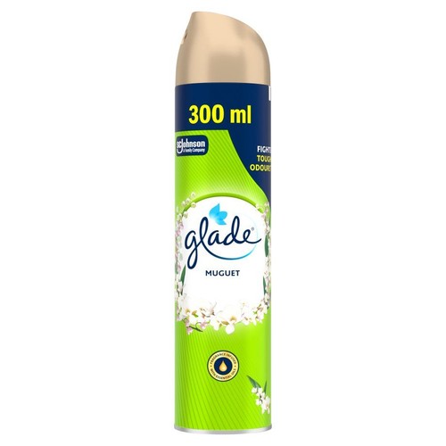 Glade Muguet, odświeżacz powietrza w sprayu, 300 ml. Zielona puszka z grafiką białych kwiatów konwalii.