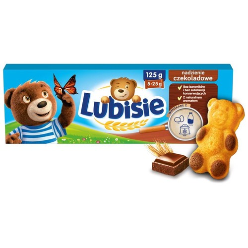 Opakowanie ciastek Lubisie z nadzieniem czekoladowym, 125g. Na opakowaniu miś z motylem. Obok ciastko w kształcie misia.