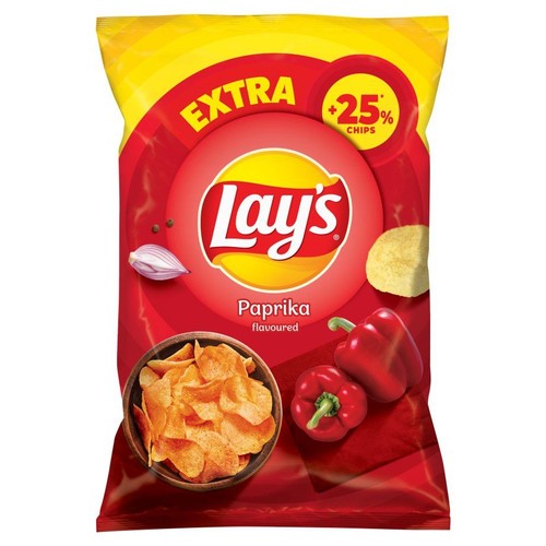 Opakowanie chipsów Lay's o smaku papryki. Na paczce grafiki chipsów, papryki i cebuli. Wskazanie na dodatkowe 25% chipsów.