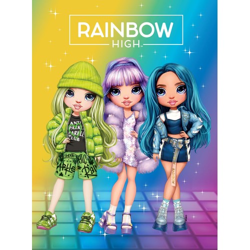 Trzy lalki Rainbow High: zielonowłosa w czapce, fioletowowłosa w futerku i niebieskowłosa w dżinsie.