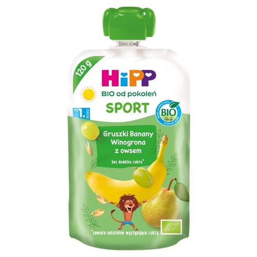 Mus HiPP BIO SPORT z gruszek, bananów, winogron i owsa, 120 g. Bez dodatku cukru, dla dzieci od 1. roku życia.