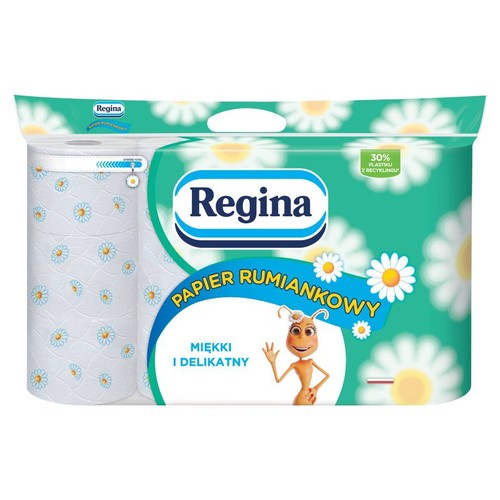 Papier toaletowy Regina Rumiankowy w zielonym opakowaniu z motywem stokrotek. Widoczna rolka z niebieskimi kwiatkami.