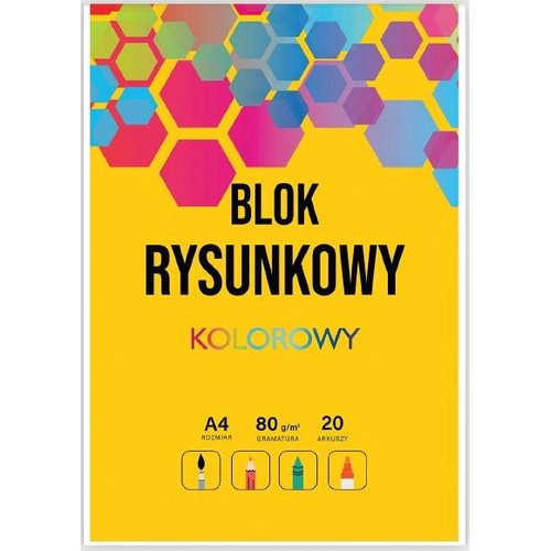 Blok rysunkowy A4 z 20 arkuszami o gramaturze 80 g/m². Okładka jest żółta z abstrakcyjnym wzorem z różowych, niebieskich i fioletowych sześciokątów. Na okładce widnieje napis "BLOK RYSUNKOWY KOLOROWY". Produkt odpowiedni do różnych technik plastycznych.