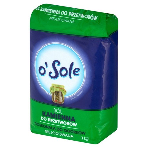Opakowanie soli kamiennej O'Sole do przetworów, niejodowanej, 1 kg. Na etykiecie grafika słoika z ogórkami.