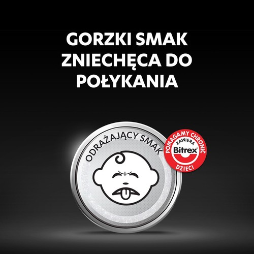 Grafika z hasłem "Gorzki smak zniechęca do połykania". Srebrna ikona z niemowlęciem o odrażającym wyrazie twarzy i napisem "Odrażający smak".