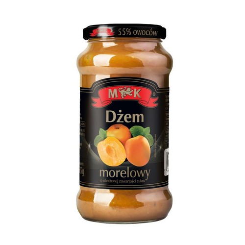 Słoik dżemu morelowego M&K z 55% owoców i obniżoną zawartością cukru, 350g. Na etykiecie grafika moreli.