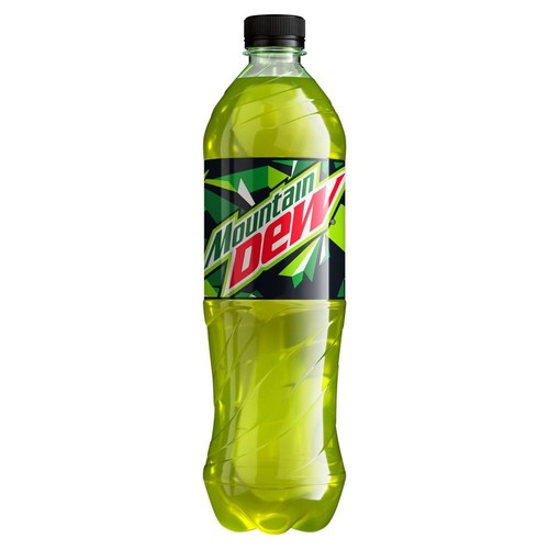 Butelka napoju Mountain Dew o pojemności 0,85 litra. Przezroczysta butelka PET z czarną nakrętką. Etykieta w kolorach czarnym, zielonym i białym z geometrycznym wzorem i charakterystycznym logo Mountain Dew. 