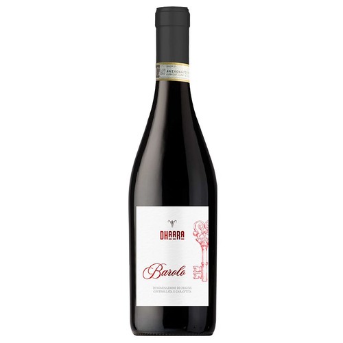 Butelka wina DHAARA Barolo z ciemnego szkła. Etykieta jest biała, z czerwonym napisem "DHAARA" i "Barolo". Na etykiecie widoczny jest również czerwony, stylizowany klucz oraz informacja "Kontrolowana i Gwarantowana Nazwa Pochodzenia".