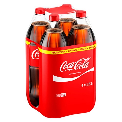 Zgrzewka Coca-Coli, 4 butelki po 1,5 litra każda. Opakowanie rodzinne z napisem "Rodzinny zapas".
