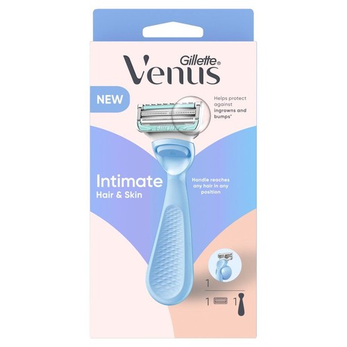 Jasnoniebieska maszynka Gillette Venus Intimate Hair & Skin. Rączka dociera do każdego włosa w każdej pozycji.