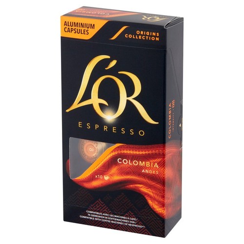 Opakowanie 10 kapsułek kawy L'OR Espresso Colombia Andes. Kolekcja Origins, intensywność 8. Do ekspresów Nespresso.