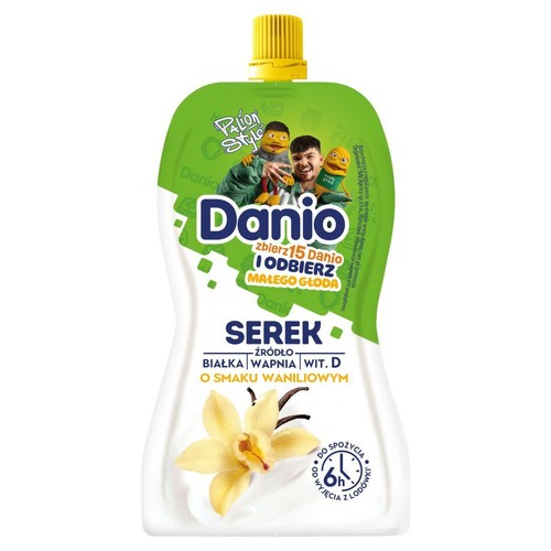 Serek Danio o smaku waniliowym. Opakowanie typu saszetka z wizerunkiem Palion Style i promocją Małego Głoda.